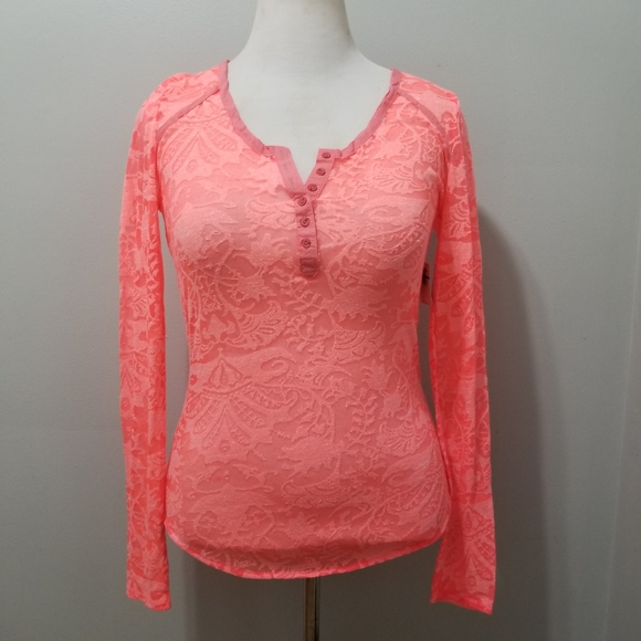 Intimately Free People Sheer Pink Lace Henley Top - Picture 2 of 8